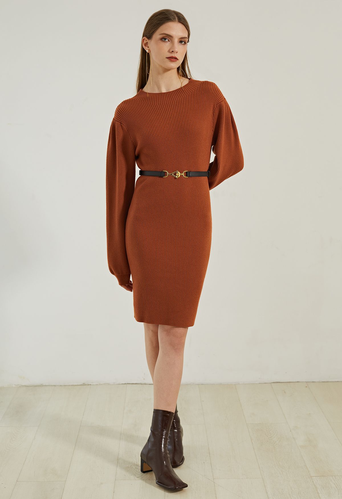 Lantern Sleeve Round Neck Ribbed Sweater Dress In Caramel Retro