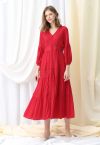 Button Down Crochet Embroidered Boho Maxi Dress in Red