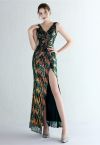 Multi-Color Sequins V-Neck High Slit Gown in Emerald