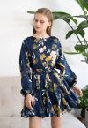 Navy Floral Printed Bubble Sleeves Frilling Dress