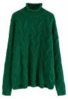 High Neck Hi-Lo Braided Chunky Knit Sweater in Emerald