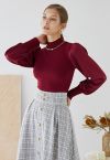 Mock Neck Satin Spliced Knit Top in Burgundy