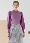 Mock Neck Satin Spliced Knit Top in Violet