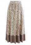 Contrast Hem A-line Pleated Knit Skirt in Brown