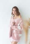 Pearly Contrast Heart Soft Fuzzy Knit Cardigan in Pink