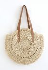 Round Woven Straw Shoulder Bag in Camel