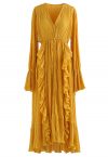 Breezy Ruffle Asymmetric Pleated Chiffon Maxi Dress in Mustard