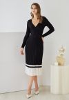 Soft Knit Contrast Hem Wrap Midi Dress in Black