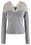 Groovy Mesh Shoulder V-Neck Fitted Top in Grey