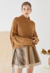 Mock Neck Hi-Lo Chunky Knit Sweater in Caramel