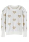 Metallic Heart Puff Shoulder Knit Sweater in Ivory