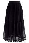 Fairy Plisse Mesh Tulle Midi Skirt in Black