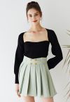 Golden Button Pleated Flare Mini Skirt in Pistachio