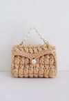 Pearl Chain Braided Chunky Knit Mini Bag in Tan