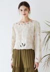 Cutwork Trim Grass Embroidered Top in Linen