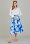 Royal Blue Floral Printed Jacquard Pleated Midi Skirt