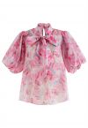 Bowknot Short Bubble Sleeve Floral Top in Pink