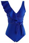 Braided Strap Ruffle Trim Swimsuit in Indigo