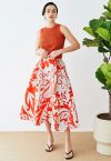 Orange Branch Jacquard Midi Skirt