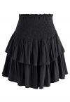 Tiered Ruffle Shirred Waist Mini Skirt in Black