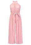 Halter Neck Self-Tie Pleated Jumpsuit in Pink