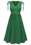 Tie-String Pleated Sleeveless Midi Dress in Green