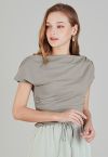 Asymmetric Boat Neck Ruched Top in Taupe