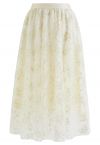 Metallic Embroidered Floret Mesh Midi Skirt in Cream