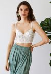 Branch Embroidered Mesh Bra Top in White