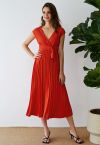 Sash Adorned Pleated Wrap Sleeveless Dress in Orange