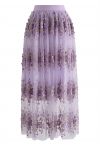 3D Vine Embroidered Mesh Tulle Skirt in Lilac