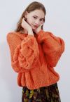 Hand-Knit Puff Sleeves Sweater in Orange