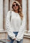 Playful Dotted Puff Sleeve Crop Sweater in White