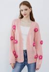 3D Stitch Flower Open Front Knit Cardigan in Pink