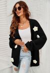 3D Stitch Flower Open Front Knit Cardigan in Black