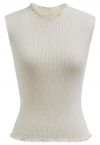 Glittery Lettuce Edge Sleeveless Knit Top in Cream