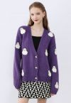 Halloween Ghost Patch Buttoned Knit Cardigan in Purple