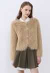 Delicate Button Trim Faux Fur Knit Coat in Camel