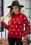 Adorable Polka Dot Mock Neck Knit Sweater in Red