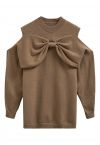 Bowknot Cold-Shoulder Knit Sweater in Khaki