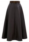 Faux Leather Belted A-Line Maxi Skirt in Brown