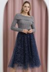 Sequined Embroidery Double-Layered Mesh Tulle Midi Skirt in Navy