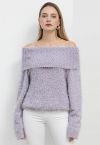 Folded Off-Shoulder Fuzzy Knit Sweater in Lavender