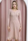 Button Front Ribbed Knit A-line Midi Dress in Pink