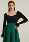 Wavy Neckline Feather Trim Cuffs Knit Top in Black