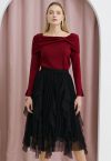 Floral Lace Ruffle Mesh Tulle Skirt in Black