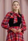 Detachable Bowknot Check Spliced Knit Top in Red