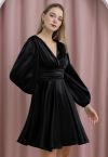 Plunging V-Neck Ruched Waist Satin Dress in Black