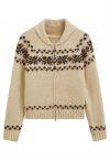 Fair Isle Zipper Knit Sweater in Sand