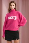 Merry Turtleneck Batwing Sleeve Knit Sweater in Hot Pink